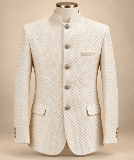 Men’s Premium Ivory Diamond-Pattern Embroidered Prince Coat Luxury Wedding & Formal Wear