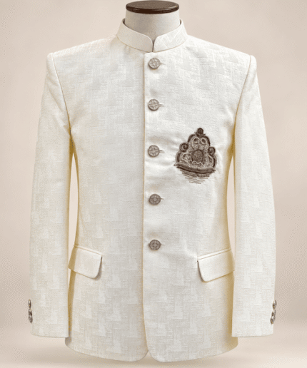 Men’s Premium Ivory Prince Coat with Embroidered Crest – Luxury Wedding & Formal Wear