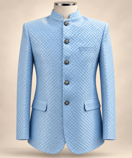 Men’s Premium Light Blue Diamond-Pattern Prince Coat – Luxury Wedding & Formal Wear