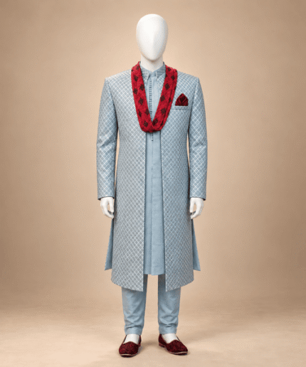 Men’s Premium Sky Blue Embroidered Front-Open Gown – Luxury Wedding & Ceremony Wear (2)