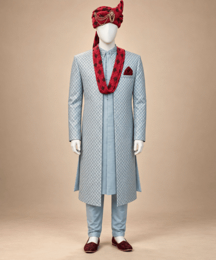 Men’s Premium Sky Blue Embroidered Front-Open Gown – Luxury Wedding & Ceremony Wear (3)