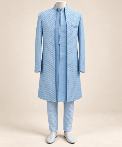 Men’s Premium Sky Blue Embroidered Front-Open Gown – Luxury Wedding & Ceremony Wear