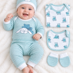 Newborn Baby Aqua Striped Teddy & Bunny Cotton Gift Set with Cap, Bib and Mittens