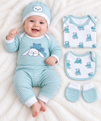Newborn Baby Aqua Striped Teddy & Bunny Cotton Gift Set with Cap, Bib and Mittens