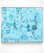 Newborn Baby Aqua Striped Teddy & Bunny Cotton Gift Set with Cap, Bib and Mittens - Image 2