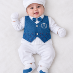 Newborn Baby Boys Blue Formal Waistcoat 6-Piece Set with Shirt, Trouser, Cap, Mittens & Matching Shoes