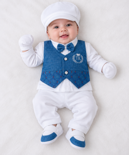 Newborn Baby Boys Blue Formal Waistcoat 6-Piece Set with Shirt, Trouser, Cap, Mittens & Matching Shoes