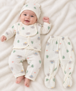 Newborn Baby Cream Bear & Tree Print Muslin 5-Piece Set with Wrap Shirt, Trousers, Cap & Bib