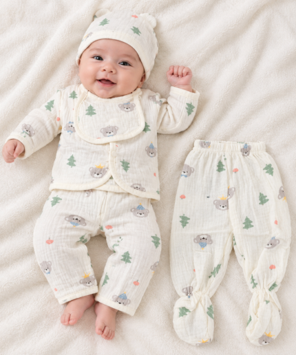 Newborn Baby Cream Bear & Tree Print Muslin 5-Piece Set with Wrap Shirt, Trousers, Cap & Bib