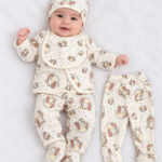 Newborn Baby Cream Bunny Print Muslin 5-Piece Set with Wrap Shirt, Trousers, Cap & Bib