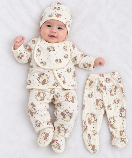 Newborn Baby Cream Bunny Print Muslin 5-Piece Set with Wrap Shirt, Trousers, Cap & Bib