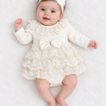 Newborn Baby Girls Ivory Layered Lace Romper Dress with Matching Bow Headband