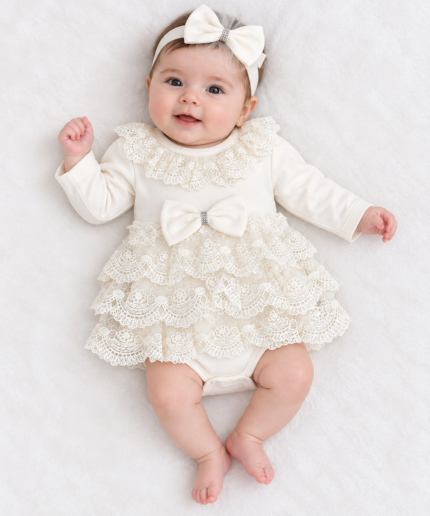 Newborn Baby Girls Ivory Layered Lace Romper Dress with Matching Bow Headband