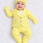 Newborn Baby Girls Lemon Yellow Floral Blazer, Inner Shirt & Trouser Set with Matching Cap and Mittens