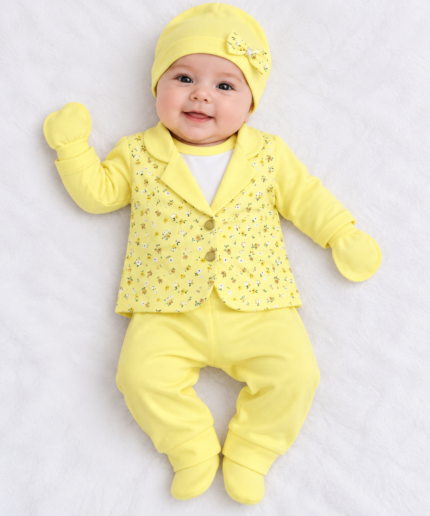 Newborn Baby Girls Lemon Yellow Floral Blazer, Inner Shirt & Trouser Set with Matching Cap and Mittens