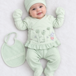 Newborn Baby Girls Mint Green Floral Bunny 5-Piece Set with Footed Trouser, Cap, Mittens & Bib
