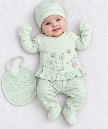 Newborn Baby Girls Mint Green Floral Bunny 5-Piece Set with Footed Trouser, Cap, Mittens & Bib