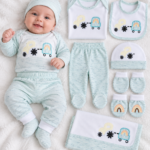 Newborn Baby Mint Green Tractor Embroidered Cotton Gift Set with Cap, Bib, Mittens & Trousers