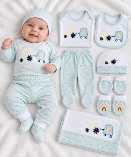 Newborn Baby Mint Green Tractor Embroidered Cotton Gift Set with Cap, Bib, Mittens & Trousers
