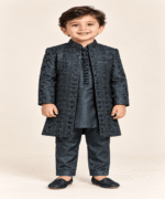 Boys’ Charcoal Embroidered Open-Front Gown with Matching Kurta & Trousers (3) - Image 2