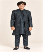 Boys’ Charcoal Embroidered Open-Front Gown with Matching Kurta & Trousers (3) - Image 3