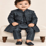Boys’ Charcoal Embroidered Open-Front Gown with Matching Kurta & Trousers (3)