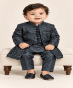 Boys’ Charcoal Embroidered Open-Front Gown with Matching Kurta & Trousers (3)