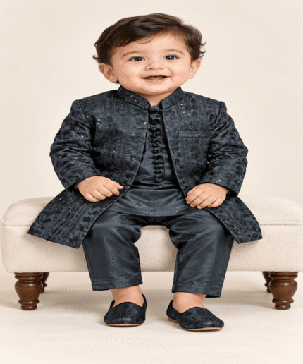 Boys’ Charcoal Embroidered Open-Front Gown with Matching Kurta & Trousers (3)