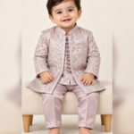 Boys’ Premium Blush Pink Embroidered Open-Front Gown with Matching Kurta & Trousers – 1 to 14 Years