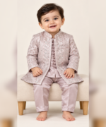 Boys’ Premium Blush Pink Embroidered Open-Front Gown with Matching Kurta & Trousers – 1 to 14 Years