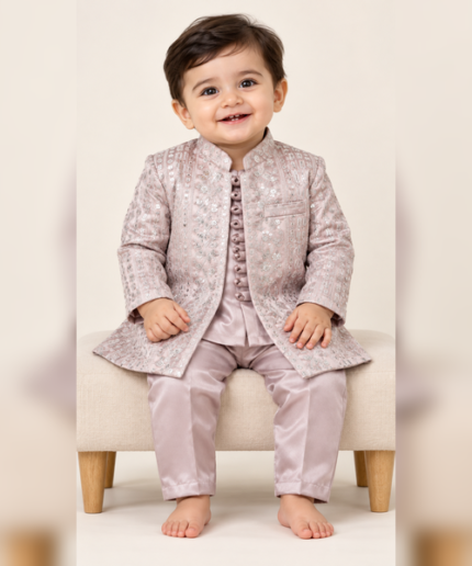 Boys’ Premium Blush Pink Embroidered Open-Front Gown with Matching Kurta & Trousers – 1 to 14 Years